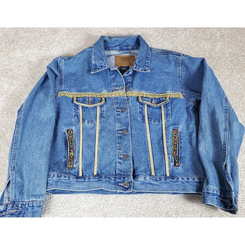 Route 66 Blue Jean Jacket Womens Size M Embellished Decorative Trim Braid